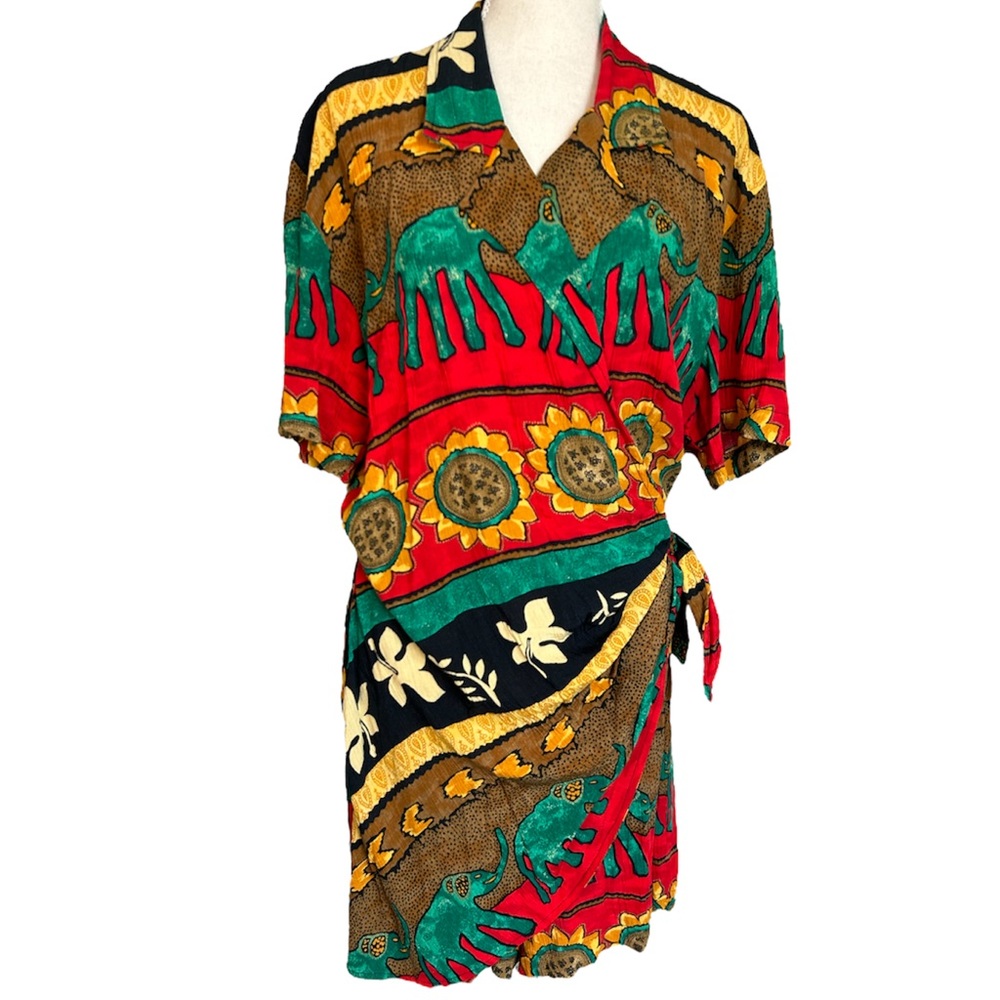 Vintage 80s elephant sunflower Hibiscus African print faux wrap romper Size 10